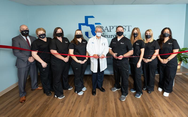 The staff at Baptist Neurology Group at Baptist Medical Center Nassau celebrates the opening of the new neurological care center during a recent ribbon cutting. From left are Baptist Neurology Group director Jason Kimball, medical assistant Jodi Tauscher-Robinson, referral coordinator Caitlin Kremler-Kuhl, medical assistant Cassidy Clay, Dr. Michael Gebel, Dr. Timothy Lucey, officer manager Kris Lucey, office specialist Jill VanBeek and office specialist Yvonne Foster.