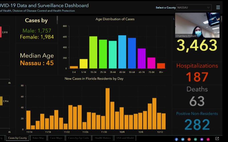 Florida Department of Health - Nassau Director Dr. Eugenia Ngo-Seidel demonstrated the state's COVID-19 dashboard tool to county commissioners during their meeting Monday. GARY D. MORGAN/FOR THE NEWS-LEADER