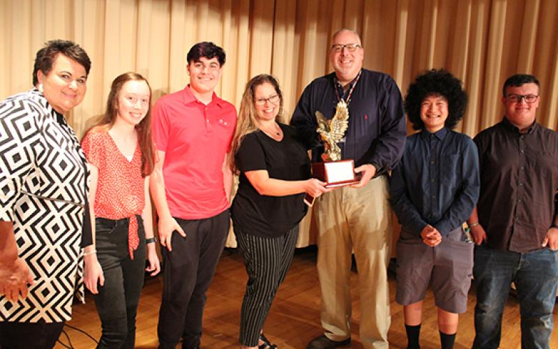 Hilliard Middle-Senior High School students, coaches and Nassau County Superintendent of Schools Kathy Burns celebrate the Flashes’ victory in the U.S. Constitution Bowl.