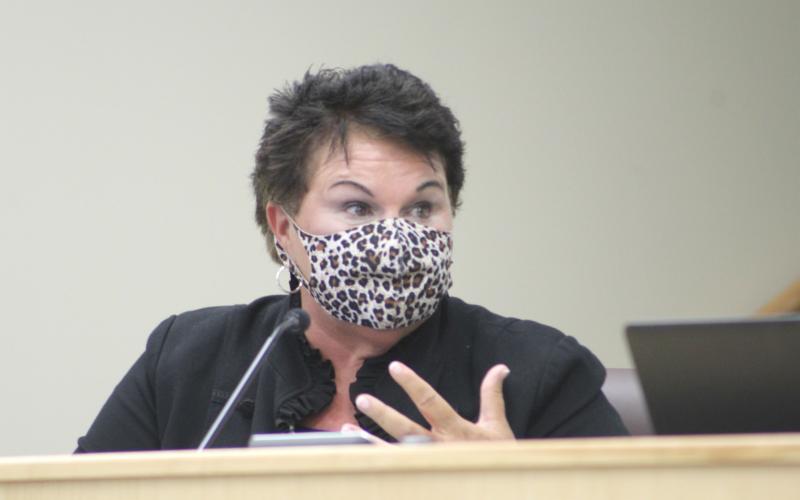 Nassau County Superintendent of Schools Kathy Burns speaks during Tuesday night’s school board meeting.