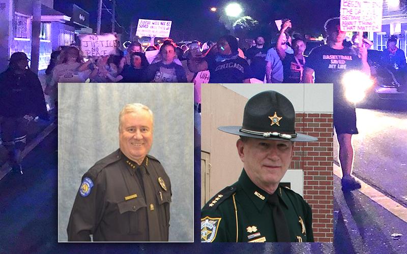 Left, Fernandina Beach Police Chief James Hurley; right, Nassau County Sheriff Bill Leeper. Background, marchers in Fernandina Beach on June 1, 2020.  File and Julia Roberts/News-Leader