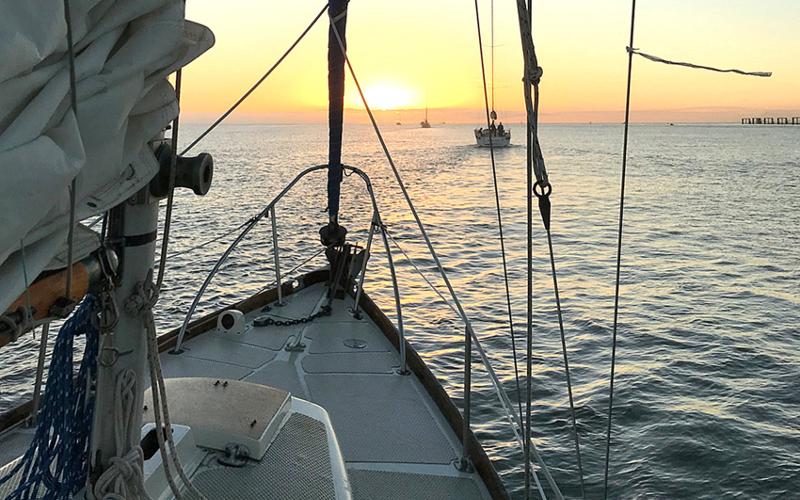 Aboard sailing vessel Wayward Wind heading out of the St. Simons channel to the starting line at sunrise behind a row of competitor boats. SUBMITTED