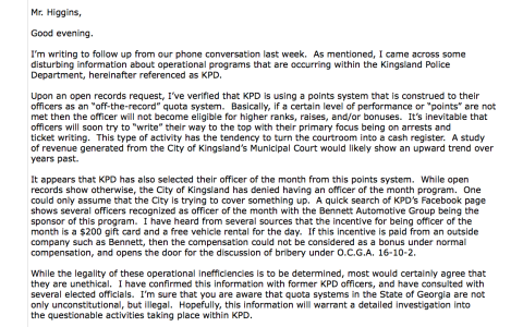 District 3 county commissioner Trevor Readdick's email to district attorney Keith Higgins about a points system the Kingsland Police Department had used. Readdick copied Camden's three state representatives on the email and shared it with the Tribune & Georgian.