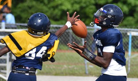 Elijah Richardson hauls in a pass with Jonathan Brown defending. (Andy Diffenderfer, Tribune & Georgian)