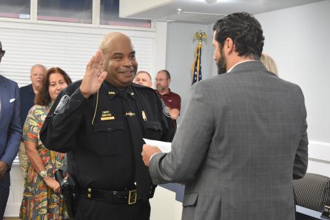 Kingsland Police Chief Rickey Evans is sworn in Monday.
