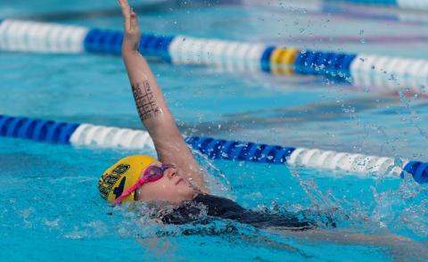 Swimming in the 7-8 girls division, the Boomers’ Paisley McKnight claimed first in three events. (Submitted photo)