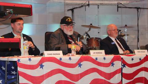 Chad Ingram, from left, Jay Moreno and Mike Wilkie participate in a candidate forum Feb. 23 at Three Rivers Church. The trio are running for St. Marys City Council’s Post 3 seat.