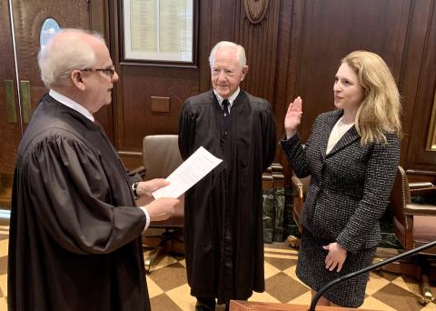 U.S. District Court Chief Judge J. Randal Hall administers the oath of office to Southern District of Georgia U.S. Attorney Jill E. Steinberg on Feb. 22 in the Federal Courthouse in Augusta, observed by U.S. District Court Judge Dudley H. Bowen.