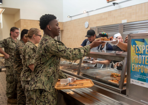 Sailors from Naval Submarine Base Kings Bay wait in line at the Pirates Cove Galley. The Kings Bay galley reopened after being closed for more than two years for renovations.
