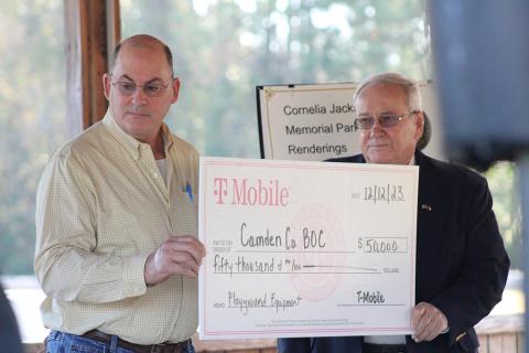 Camden County is the recipient of a $50,000 grant from a national cellphone carrier for park improvements at Cornelia Jackson Memorial Park. On Tuesday afternoon, county leaders celebrated the grant with a short ceremony at the Woodbine park. The $50,000 T-Mobile Hometown Grant will “enhance Cornelia Jackson Memorial Park by adding new playground equipment to improve community health and wellness and overall quality of life.” Later that day, county commissioners voted unanimously to accept the grant and mat