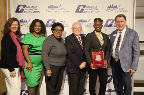 The city of Woodbine recently was named a City of Civility by the Georgia Municipal Association. From left are Georgia Municipal Association Third Vice President Andrea Gibby, Woodbine City Administrator Samantha Young, Woodbine Councilwoman Louise Mitchell, association President Randall Walker, Woodbine Mayor Kizzi Knight and association Executive Director Larry Hanson.