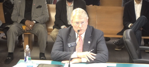Sen. Mike Hodges, R-Brunswick, explains SB 362, an economic incentives bill limiting business choices for union recognition, to the state Senate Insurance and Labor Committee recently.