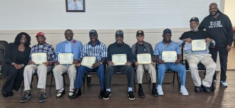The NAACP Camden County Branch recently honored war veterans during its general membership meeting March 21. From left are NAACP Camden County Branch Armed Services and Veterans Affairs Committee Chairwoman Jannett Bradford, honorees Luther Walker, Vernon Higgins, Artie Jones Jr., A.J. Hilliard, Henry Horne Sr., Lewis Burch Sr. and Joe Bryant, and branch President Timothy Bessent Sr. Not pictured: Pastor Leon Washington, Ernest “Sarge” Stevens and Rick Lockamy.
