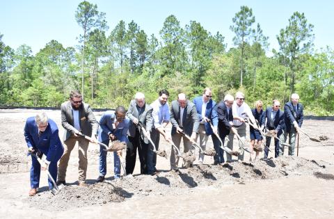 Participating in the ground-breaking event for the Camden County Department of Health’s new facility are, from left, Commissioners Martin Turner and Trevor Readdick, Coastal Health District’s Dr. Bonzo Reddick, Commissioner Jim Goodman, state Rep. Steven Sainz, commission chairman Ben Casey, Board of Health’s John Haigler, Commissioner Lannie Brant, state Sen. Mike Hodges, Board of Health’s Erin McDill, B. James Construction’s Brian James and Board of Health member and St. Marys Mayor John Morrissey.