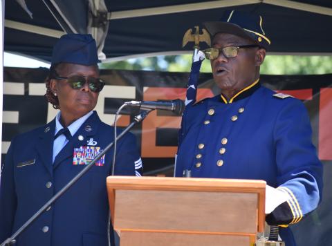 Vernon Higgins, right, accompanied by Michelle Massey, read General Order No. 3, issued June 19, 1865, enforcing the Emancipation Proclamation in Texas.