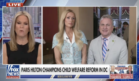 U.S. Rep. Buddy Carter, right, joined Paris Hilton, center, during a Fox News segment about child welfare reform.