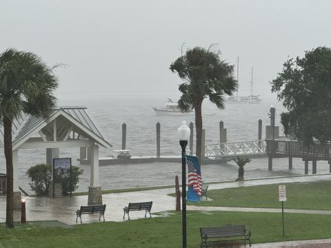 Bert Guy | Special to the Tribune & Georgian Heavy winds and driving rain pummel downtown St. Marys. The photo was taken from the balcony of the Riverview Hotel.