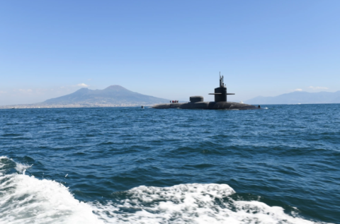 The USS Florida leaves the Bay of Naples in August 2023. The submarine’s home base is Kings Bay Naval Submarine Base.