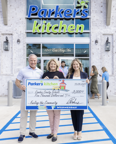 In below photo, Parker’s Kitchen made an inaugural $5,000 Fueling the Community donation to Camden County Schools on Oct. 4. Camden County Schools Executive Director of Finance Jennifer Brown, center, accepted the donation from Parker’s Kitchen founder and CEO Greg Parker, left, and Parker’s Kitchen Outreach and Communications Manager Olivia Parker on behalf of local teachers and students.
