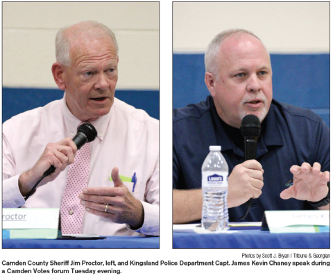 Camden County Sheriff Jim Proctor, left, and Kingsland Police Department Capt. James Kevin Chaney speak during a Camden Votes forum Tuesday evening.