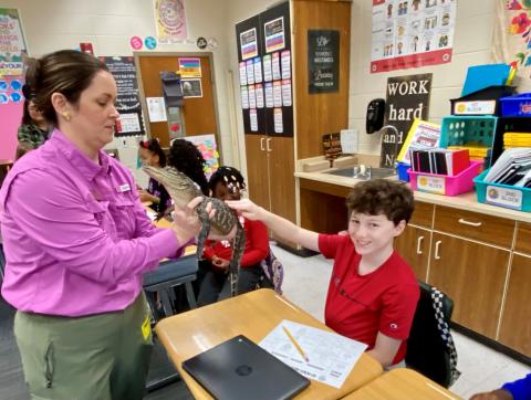 Mamie Lou Gross Elementary School fifth-graders recently encountered animals, including a live gator, during a visit from the Okefenokee Swamp Park Outreach Program.