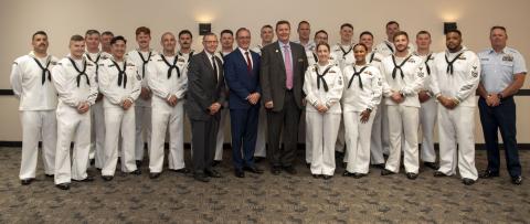 Award winners are with Camden-Kings Bay Navy League Council president Bob Dickman, St. Marys Mayor Greg Lockhart, and Navy League of the United States chief executive officer Mike Stevens.