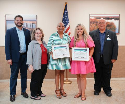 Camden County High School Guidance Director Keisha Walker and ninth-grade counselor Mandy Murray Scott received Camden Connection’s Prevention Partner Awards. From left are Camden Connection Managing Principal Steven Sainz, Walker, Camden Connection board member Rachel Baldwin, Walker, Scott and Camden Connection Board President Glenn Gann.