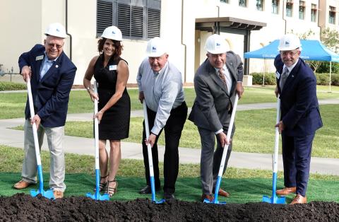 From left, state Rep. Rick Townsend, Dean of the School of Nursing and Health Sciences Lydia Watkins, University System of Georgia Chancellor Sonny Perdue, College of Coastal Georgia President Johnny L. Evans Jr. and Vice President of Advancement Jamie Bessette break ground on the expansion to Miriam and Hugh Nunnally Hall. 