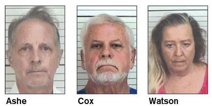 Three people, including a former assistant magistrate judge, were charged in connection to a burglary.