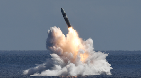An unarmed Trident II D5 Life Extension missile launches from an Ohio-class ballistic submarine off the coast of Florida.