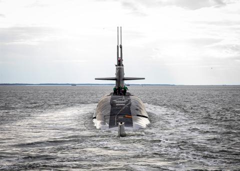 The USS Wyoming pulls into Norfolk, Va. in support Feb. 2, 2024.
