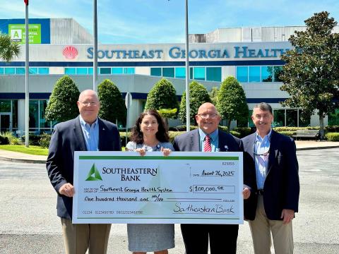Southeastern Bank donated $100,000 to Southeast Georgia Health System Camden Campus through the Georgia HEART Hospital Program. From left are Southeastern Bank President and CEO Jay Torbert, Southeast Georgia Health System President and CEO Christy Jordan, Southeast Georgia Health System Campus Campus Vice President and Administrator Glenn Gann, and Southeastern Bank Vice President Jim Lomis.