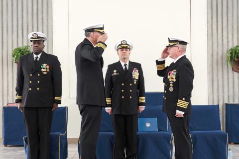 Capt. Bradley Bozin, left, incoming commanding officer at Trident Training Facility Kings Bay; Capt. Matthew Fanning, center, commanding officer, Submarine Learning Center and presiding officer; and Capt. Brian Turney, outgoing commanding officer of Trident Training Facility Kings Bay, participated March 12 in a change-of-command ceremony at Naval Submarine Base Kings Bay.