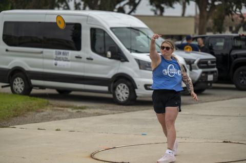 Lerch throws the discus May 10 during the 2026 Team Navy Training Camp at Naval Base Ventura County-Port Hueneme in California.