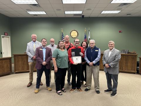 Dennis Irvin, sixth from left, was named the Camden County Board of Commissioners Employee of the Quarter. With Irwin, from left, are County Administrator Joey Yacobacci, Commissioner Cody Smith, Chairman Robbie Cheek, Human Resources generalist Amy Peeples, Commissioner Ben Casey, Dennis Irvin, Interim Deputy County Administrator Shannon Nettles, and Commissioners Jim Goodman and Martin Turner.
