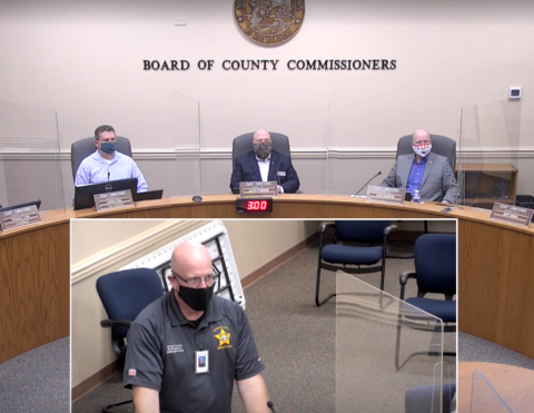 Nassau County Emergency Management Director Greg Foster addresses the Nassau County Board of County Commissioners meeting Monday. GARY D. MORGAN/FOR THE NEWS-LEADER