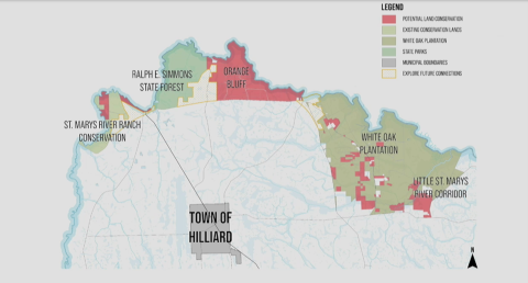 An illustration created by Nassau County staff shows a potential land conservation plan for an area along the St. Marys River, north of Hilliard.