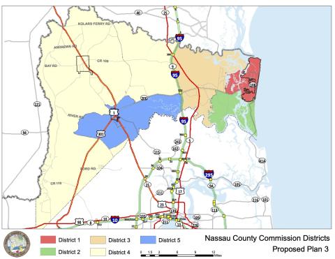 The new Nassau County districting map prevents Districts 4 and 5 from crossing I-95; however, this option inflates population numbers in the other districts.