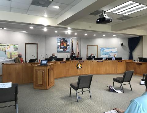 The Fernandina Beach City Commission donned masks and Commission Chambers were reconfigured with seats six feet apart to conform to social distancing for the first in-person meeting of the City Commission since rules regarding public meetings were relaxed by Gov. Ron DeSantis. JULIA ROBERTS/NEWS-LEADER
