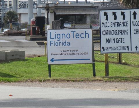 A file photo shows a sign marking the entrance to the LignoTech Florida plant in Fernandina Beach. JULIA ROBERTS/NEWS-LEADER