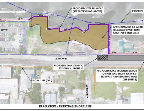 A plan for the area north of the present-day Fernandina Harbor Marina and Parking Lot A shows an area, colored brown, along the Amelia River that is currently underwater. The city of Fernandina Beach might build a bulkhead in that area and fill it in, creating over a half-acre of new land under the Butler Land Act. CITY OF FERNANDINA BEACH