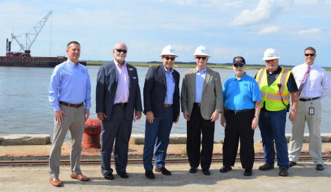 From left, Armand Riehl, senior project manager with Great Lakes Dredge & Dock Company; Ocean Highway and Port Authority Vice Chairman Mike Cole; Port of Fernandina Director Christopher Ragucci, who is also CEO of Worldwide Terminal Fernandina; Rutherford; Ocean Highway and Port Authority Chairman Danny Fullwood, Port of Fernandina Terminal Manager Roy E. Nelson; Beau Corbett, a project manager with the Army Corps of Engineers Jacksonville Office.  John Schaffner/For the News-Leader