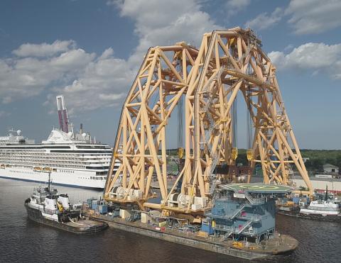 The VB-10,000, currently docked at the Port of Fernandina, is the largest twin-hull heavy lift vessel ever built in the United States, according to Versabar, which owns the huge crane. Photo courtesy Kory Klix of aerialdroneservices1.com