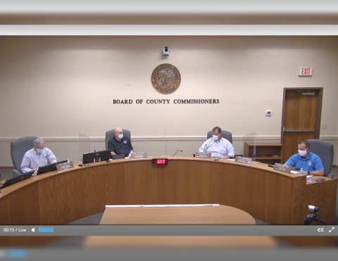 Four members of the Nassau County Board of County Commissioners wear masks Wednesday for their special meeting. Commissioner Aaron Bell attended via videoconferencing. NASSAU COUNTY