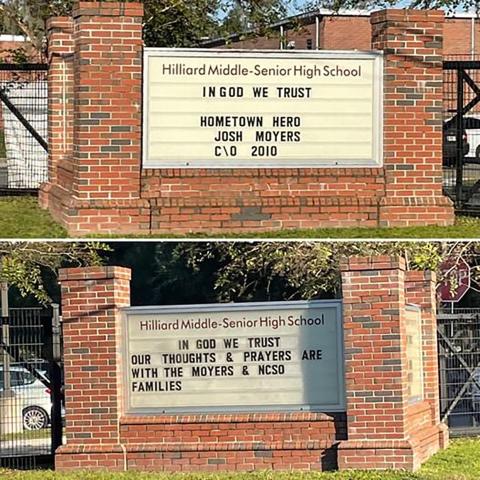 Signs outside West Nassau County structures paid tribute to Nassau County Sheriff’s Office Deputy Joshua Moyers.