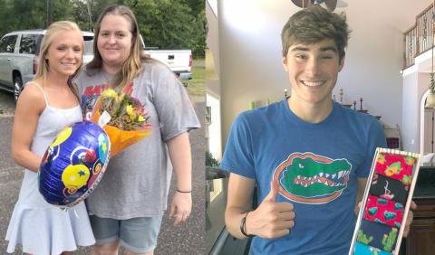Hilliard Middle-Senior High School’s Emilee Dover displays flowers and a balloon she received as part of a community wide effort to adopt the Class of 2020 in honor of its upcoming commencement. West Nassau High School senior Aden Nettles shows off his gift of specialty socks. Submitted