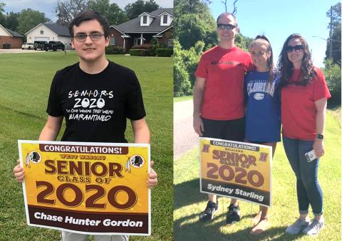 West Nassau High School senior Chase Gordon and Hilliard Middle-Senior High School senior Sydney Starling display the signs they received as part of “Operation Senior Sign” last week. To honor seniors, volunteers distributed yard signs to seniors across Nassau County. Submitted