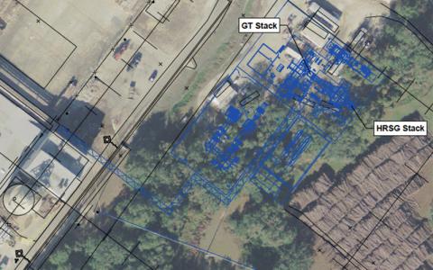 The area lined in blue is the location of a proposed gas-powered turbine that would supply steam and hot water to the Fernandina Beach WestRock paper mill. GT Stack stands for “gas turbine.” HRSG Stack stands for “heat recovery steam generator.” An application for an air construction permit for the facility has been submitted to the Florida Department of Environmental Protection. WestRock officials have not commented on the project. AMELIA ISLAND ENERGY