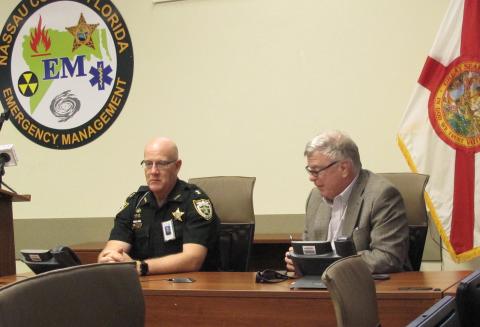 Emergency Management Director Greg Foster left, and county manager and attorney Mike Mullin attended a special meeting Monday at the county’s Emergency Operations Center. Foster’s office will be coordinating information from the Department of Health, Nassau County School District, county and city governments, and all other relevant entities during the coronavirus mitigation effort.  Pamela Bushnell/News-Leader