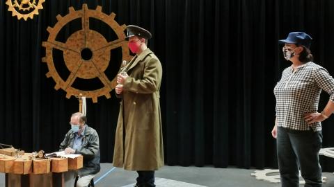 Ron Price, Nicholas Marquardt, and Wendy Gilvey rehearse a scene from the upcoming show “Those Who Fall in Love like Anchors Dropped upon the Ocean Floor,” which opens Feb. 12 at Amelia Community Theatre.